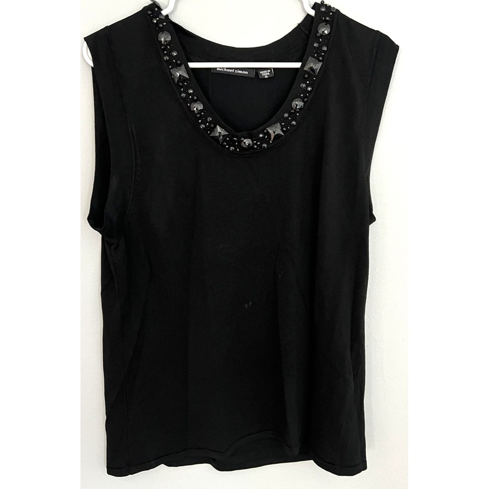 Michael Simon Shirt Womens XL Black Beaded Embellished Sleeveless Tank Top Rayon